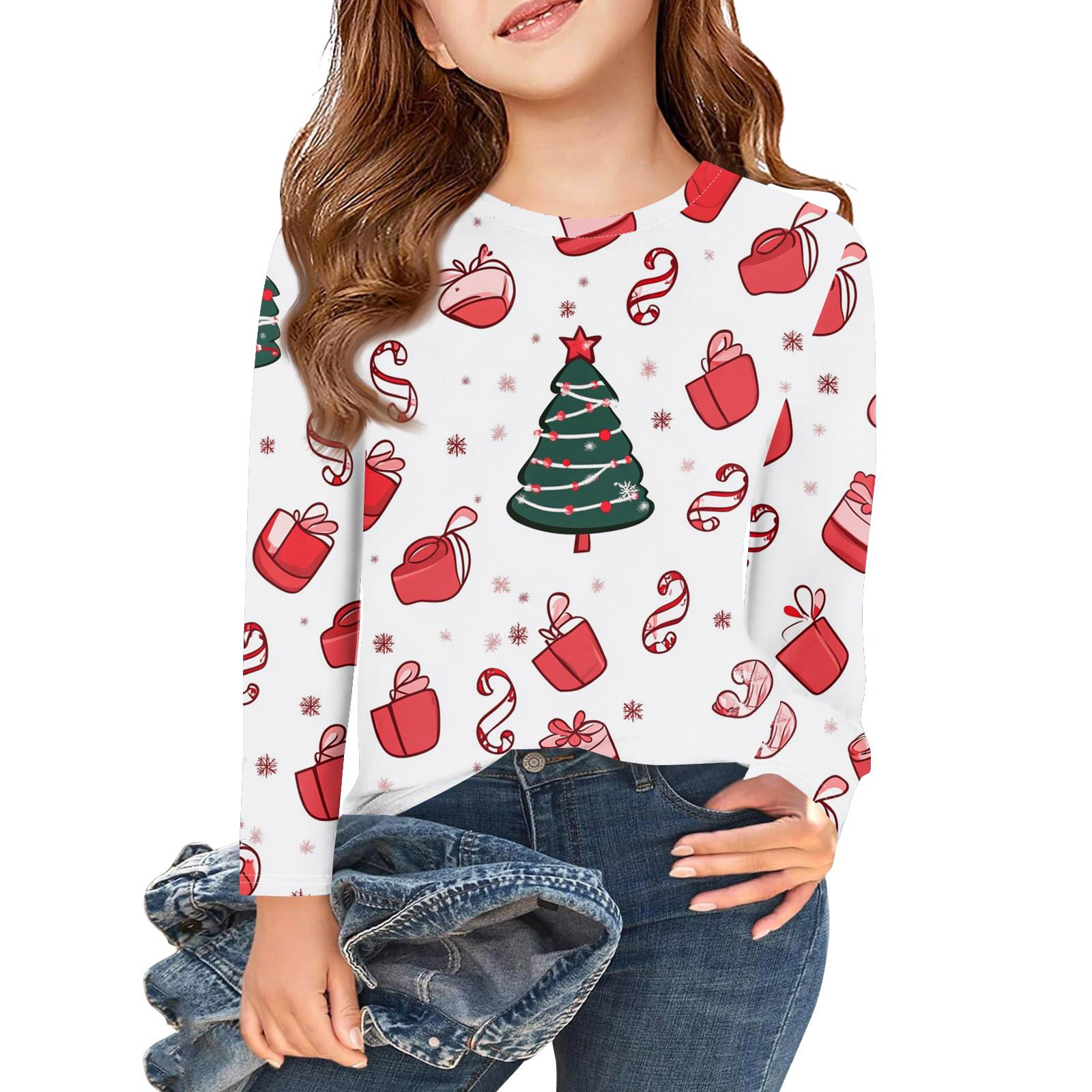 

Рождественские футболки с длинным рукавом для девочек, детские осенние топы с круглым вырезом и принтом, базовые футболки 130 белый