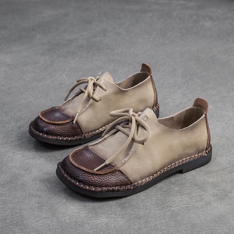 High Quality 2CM 2025 Spring New Soft Leather Soft Sole Vintage Style Single Shoe Front Lace Casual Comfortable Women's Shoe