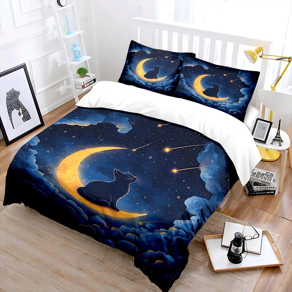 Cat on Crescent Moon Under Shooting Stars Bedding Set 1 Duvet Cover 2 Pillowcases for Adult and Children Luxury Gift Full Size
