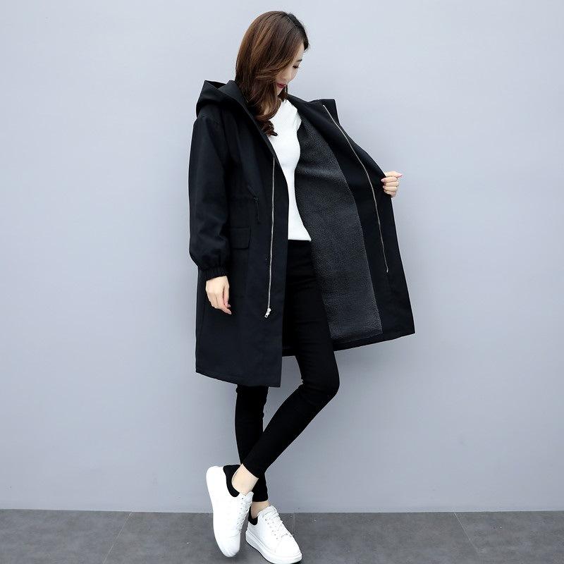 Womens Mid-length Autumn and Winter Comfortable Fit Thickened Windbreaker Hooded Large-size Black Cotton Jacket