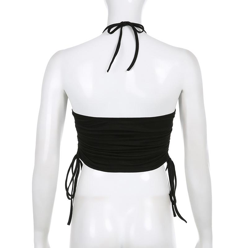Spring Fashion Pure Desire Japanese Button Pleated Strap Exposed Umbilical Slim Hanging Neck Top Spicy Girls Sexy Small Vest Ultra-short Slim Tank Top