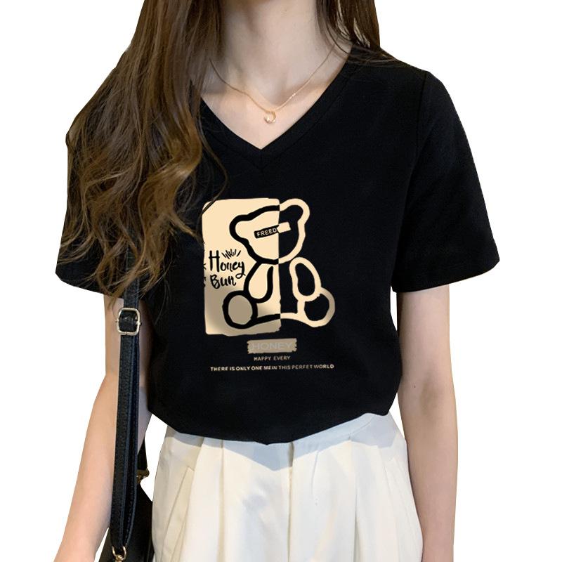V-neck American retro pure cotton summer T-shirt women's 2025 new large size fat mm thin meat-covering short-sleeved top
