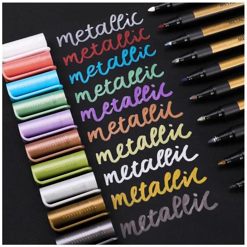 10Pcs Metal Marking Pens, Medium Point Metallic Marker Pens for Rock Painting, Black Paper, Card Making, Scrapbook & DIY Crafts
