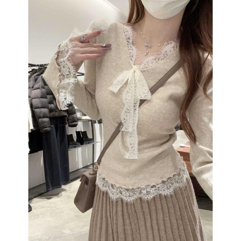Sweet and spicy neck lace knitted bottoming shirt women's spring slim-fit inner top temperament versatile sweater