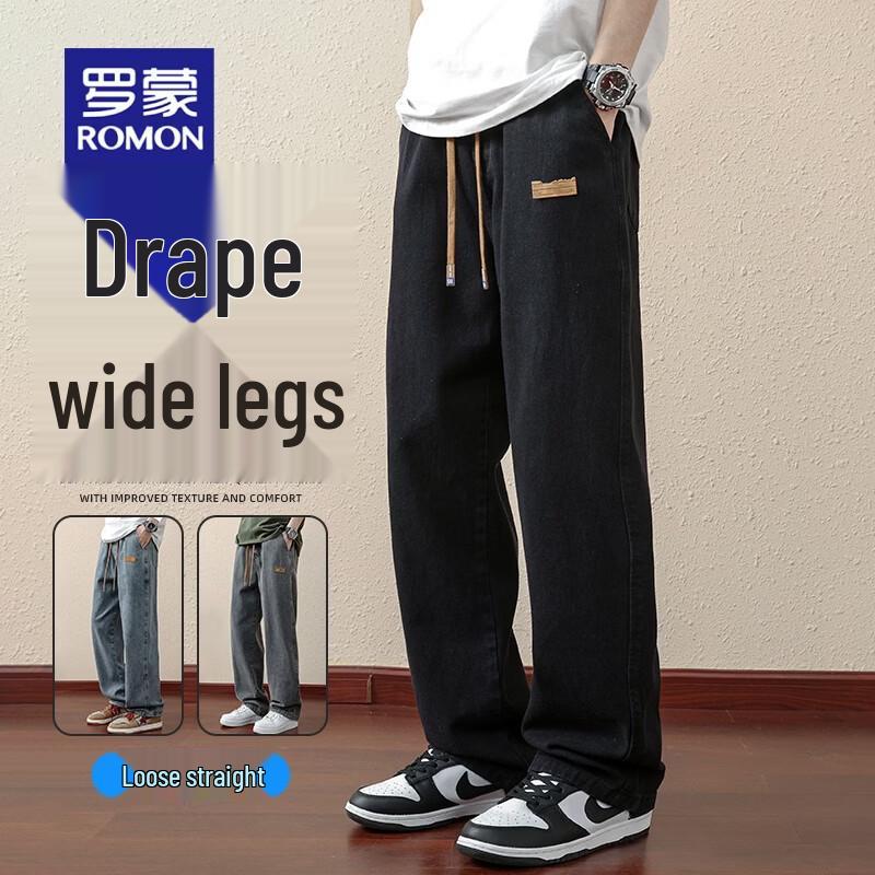 ROMON Men s Straight Leg Jeans with Leather Patch Embroidery M
