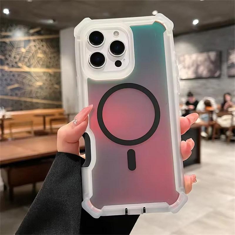 Luxury Magsafe Laser Dazzling Armor Case For iPhone 16 15 14 13 Pro Max Plus Samsung S22 23 24 25 Ultra Wireless Charging Dual Layer Protection Cover