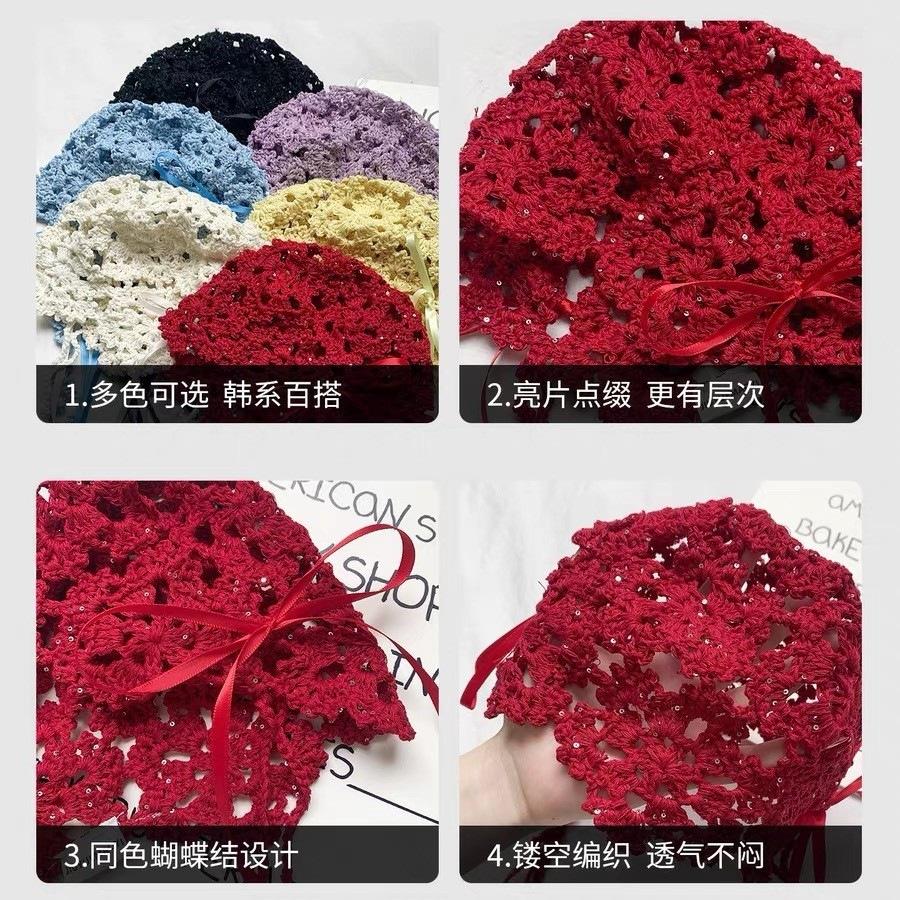 Pure Desire Wind Bow Hollow Bag Head Hat Women'S Summer Sweet Breathable Ethnic Wind Western Sichuan Travel Knitted Hat