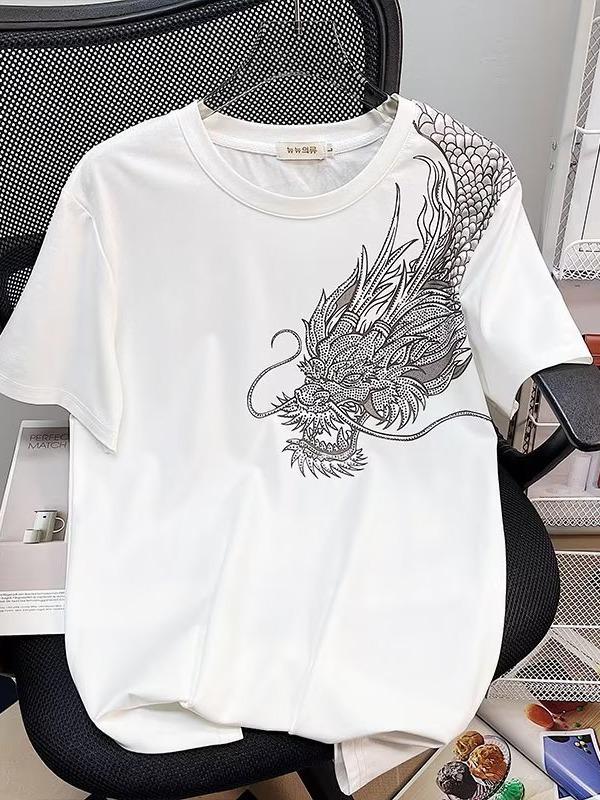 T-shirt Trendy da Uomo a Maniche Corte con Drago di Strass - Stile Celebrità Estivo
