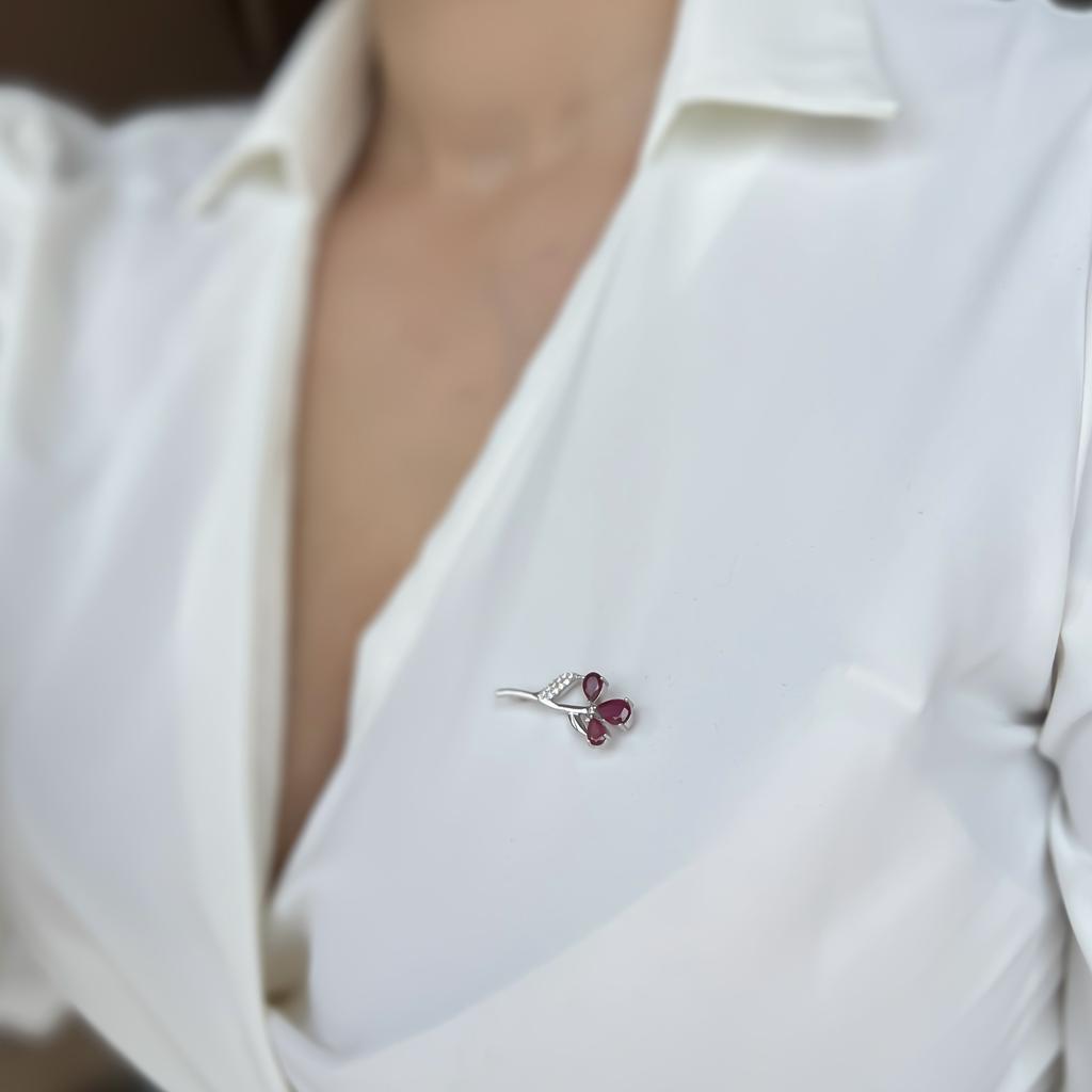 Silver Brooch with Natural Ruby ​​2.365ct, Cubic Zirconia (2152781)