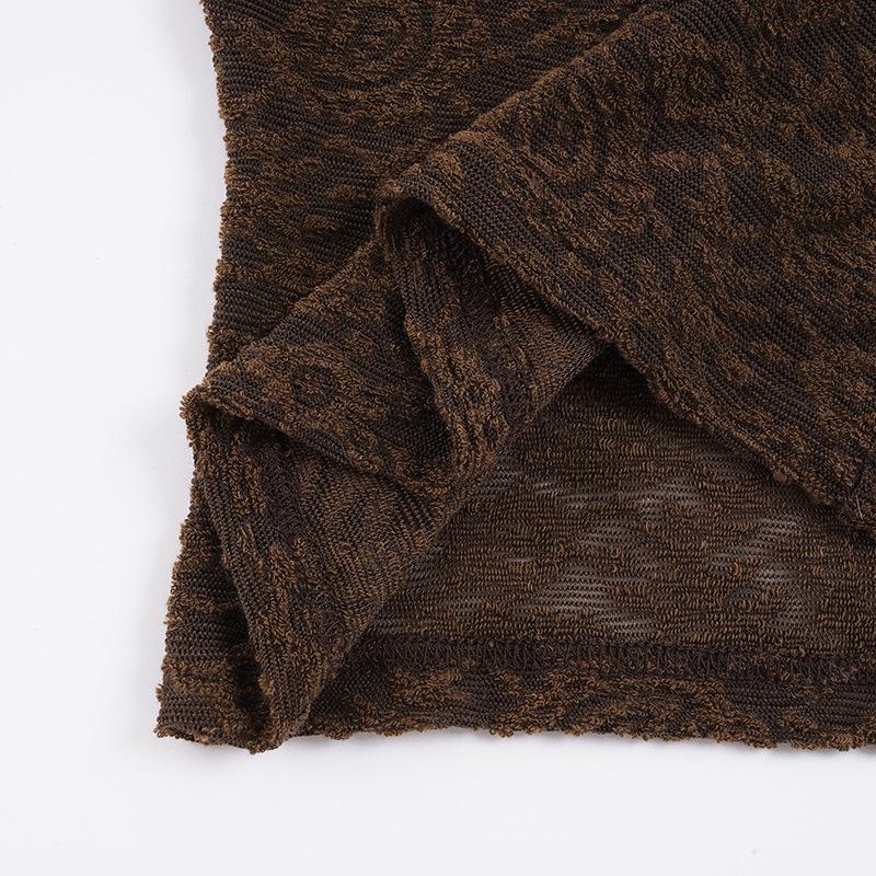 Melaleuca Brown One-Shoulder Lace Bell Sleeve Slim-Fit T-Shirt