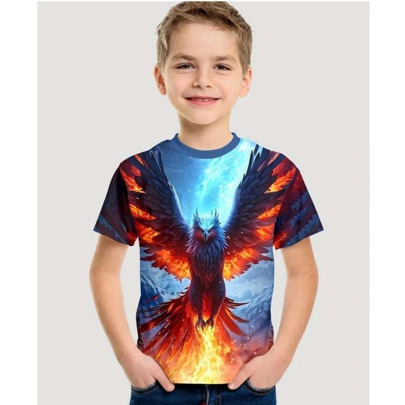 Summer Round Neck 3D Eagle Pattern Printed Top Fashionable Casual Short Sleeved Children's Boy T-shirts