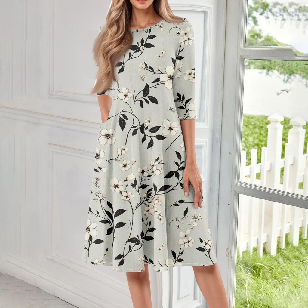Women's Loose Casual And Fashionable Round Neck Seven Quarter Sleeved Printed Mid Length Dress
