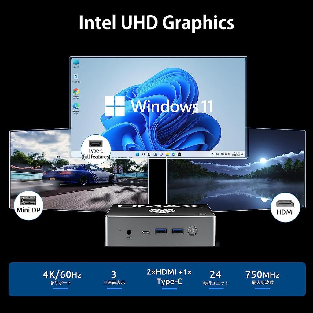BMAX B4 Plus N100 Mini Up to 16GB DDR4 512GB Windows 11 4K Triple Display Full HDMI BT Mini PC PC Quad-Core, Quad-Thread, 3.4GHz, + SSD, M.2/2.5-inch