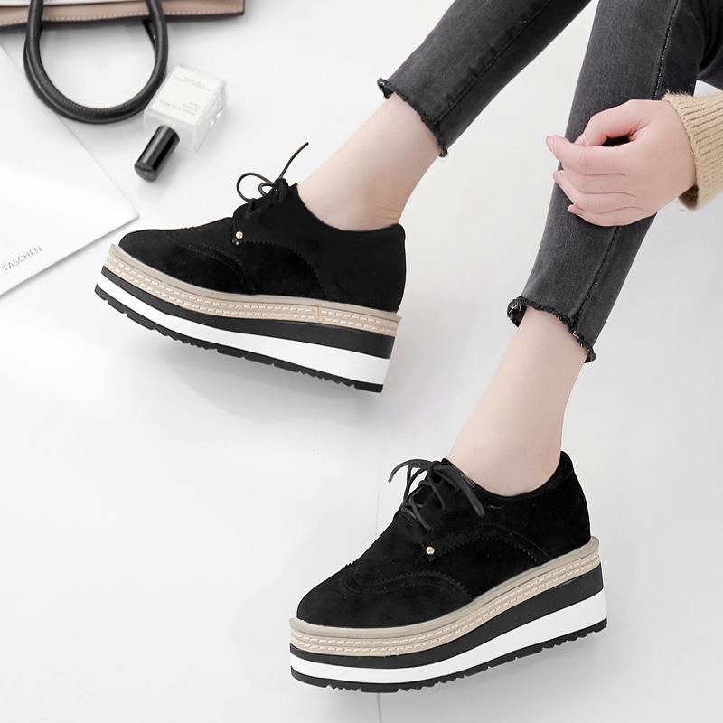 Suede Striped Thick-soled Muffin with Round Head and Sloping Shoes for Women Casual British Style 2024 New Spring Products. HZB