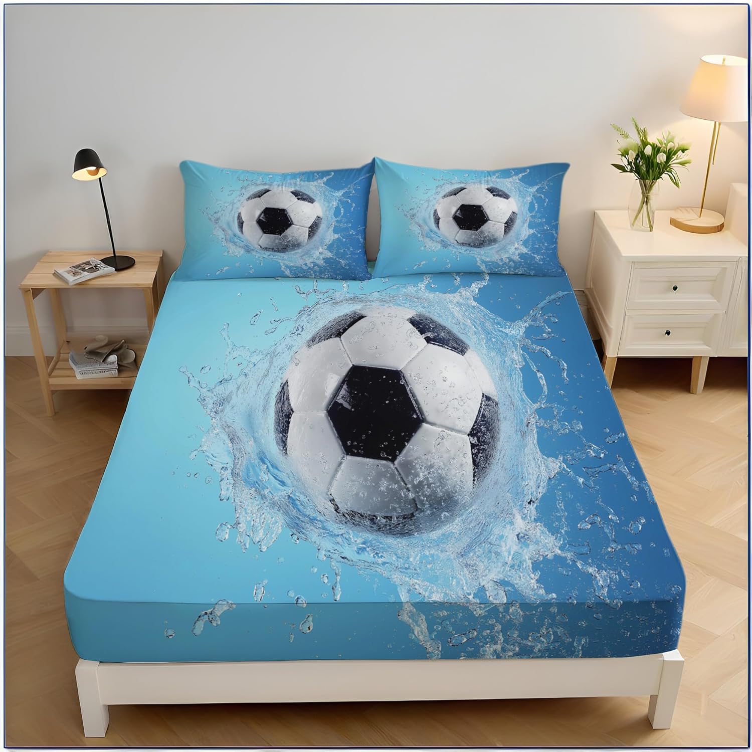 

Bed Sheet Set Single,Graffiti Modern Football,2 Piece Soft Microfiber Fitted Sheet With Pillow Case 75X50cm for boys bedrooms 90x200cm