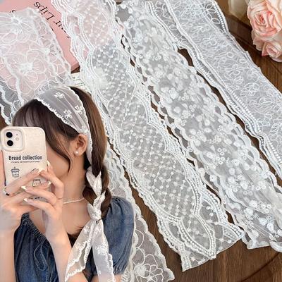 2025 Hollow Out Floral Lace Scarf Hairbands Long White Solid Color Embroidered Ribbon Necklace Women Hair Tie Summer Headwear