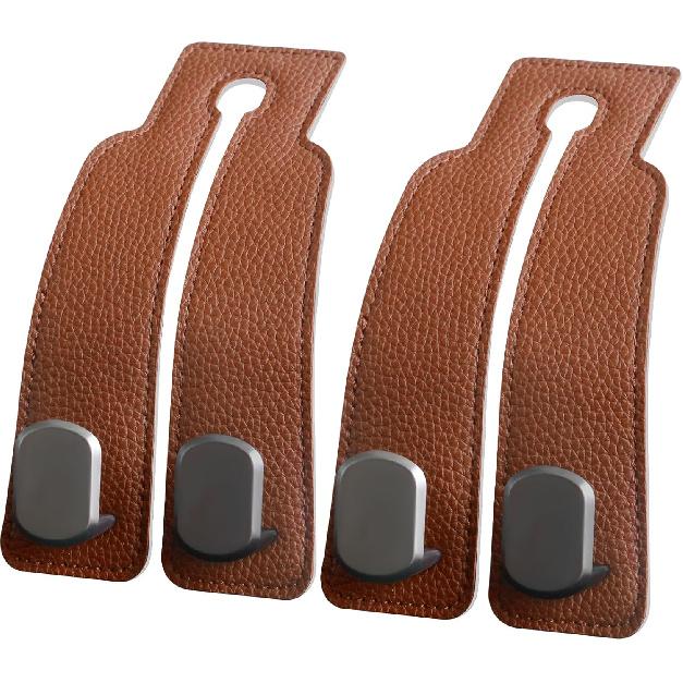 

2PCS Car Seat Back Storage Headrest Hooks, Genuine Leather Double Metal Hook for Backseat Organizer for Men Women Car Organization Accessories (Brown чёрный