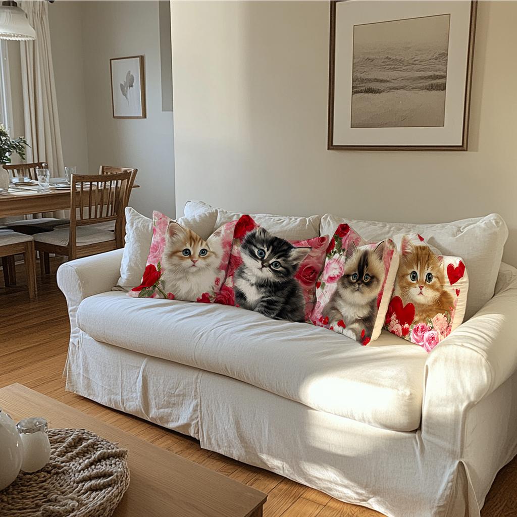 Loving Cat Art Throw Pillow Covers, Cute Kitten With Red Heart & Rose Bouquet Print Cushion Cases, Warm Romantic Aesthetic Decor