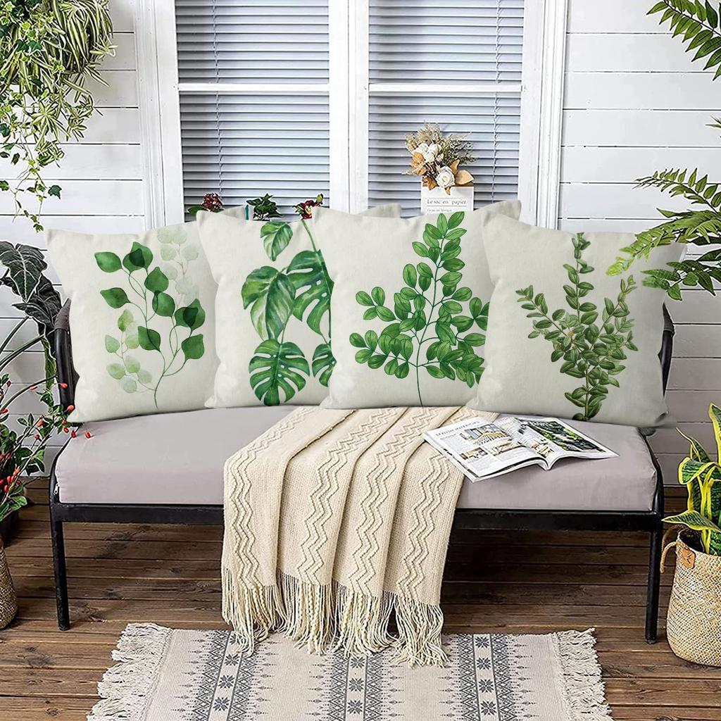 4Pcs Green Leaf Eucalyptus Monstera Printed Pillow Cover Polyester Cushion Case 2D Flat Printing Pillowcase Nature Vibe