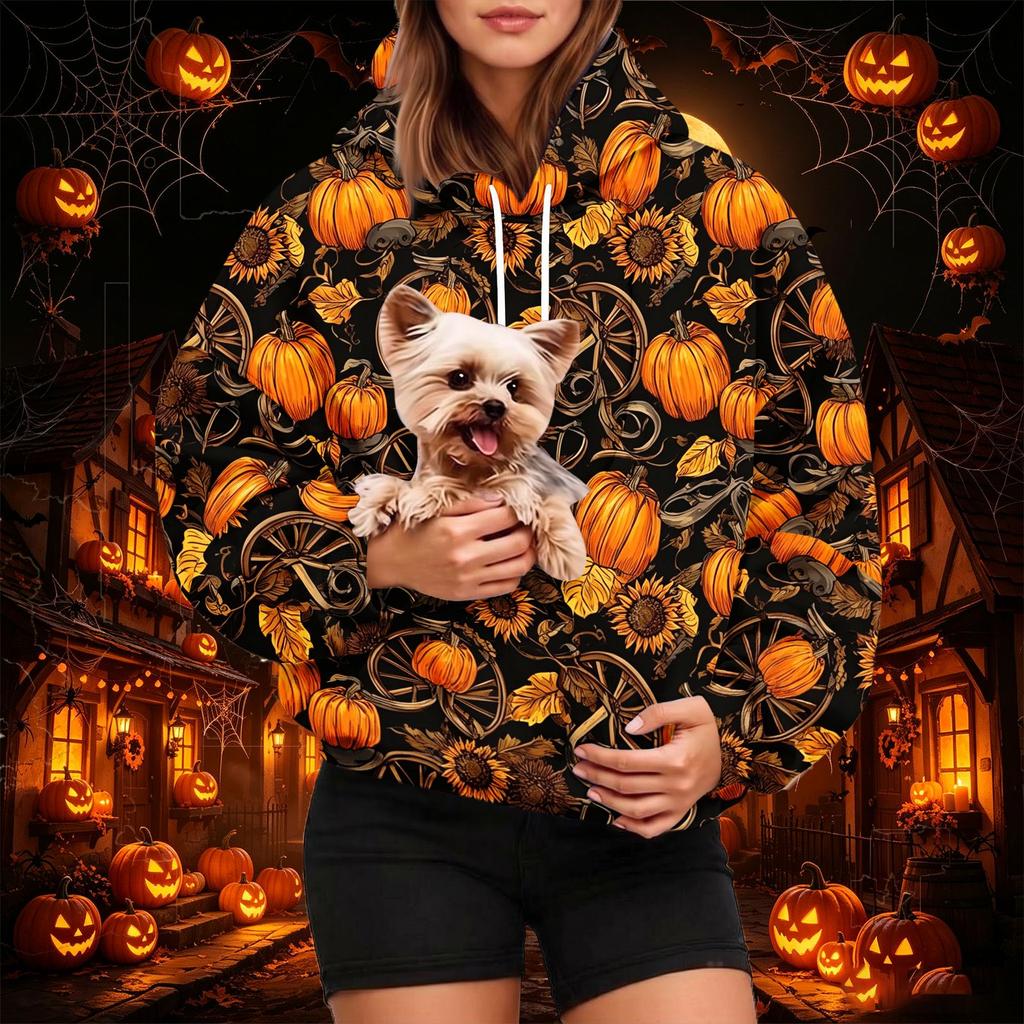Women's Fashion Halloween Print Hoodie with Pet Pocket, Casual Pullover Sweatshirt for Fall