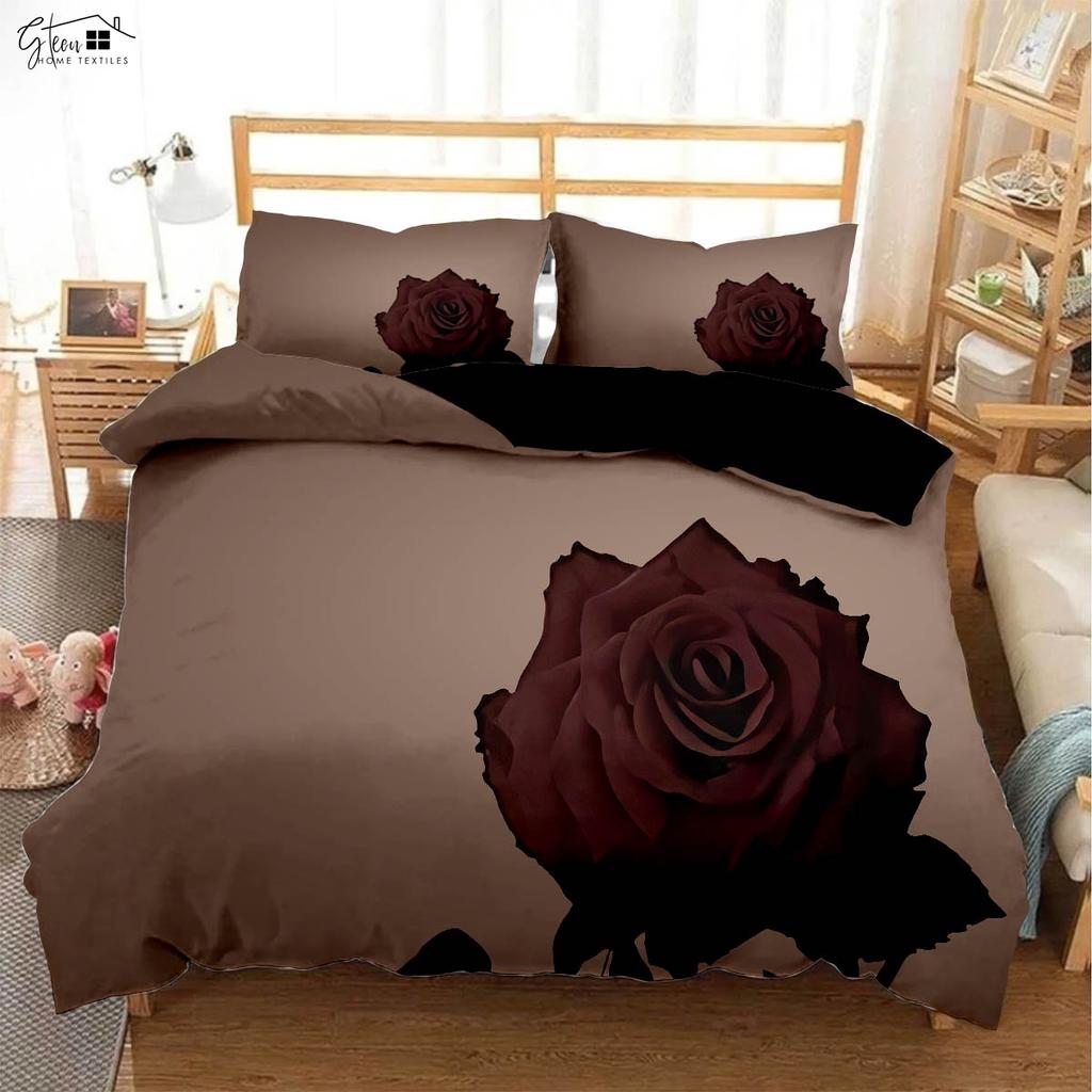 Czarna Retro Czerwona Róża Drukowana 3D Poszewka na Kołdrę Styl Pasterki Zestaw Pościeli Walentynkowej Poszewka na Poduszkę Poszewka na Kołdrę Zestaw Trzyczęściowy