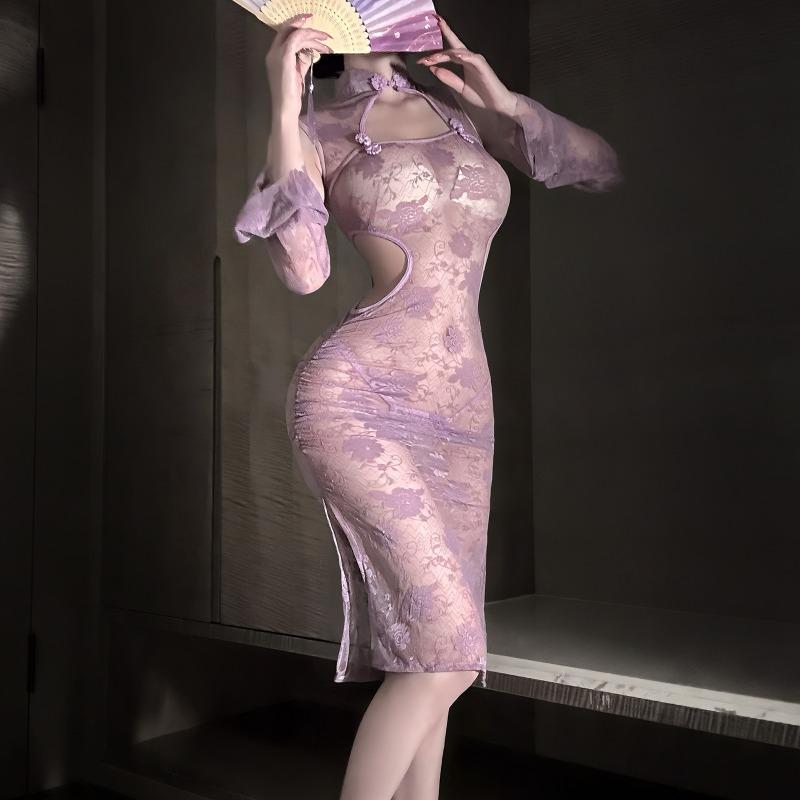 Neck buckle lace cheongsam perspective temptation hip skirt sexy underwear sexy pure desire nightdress women