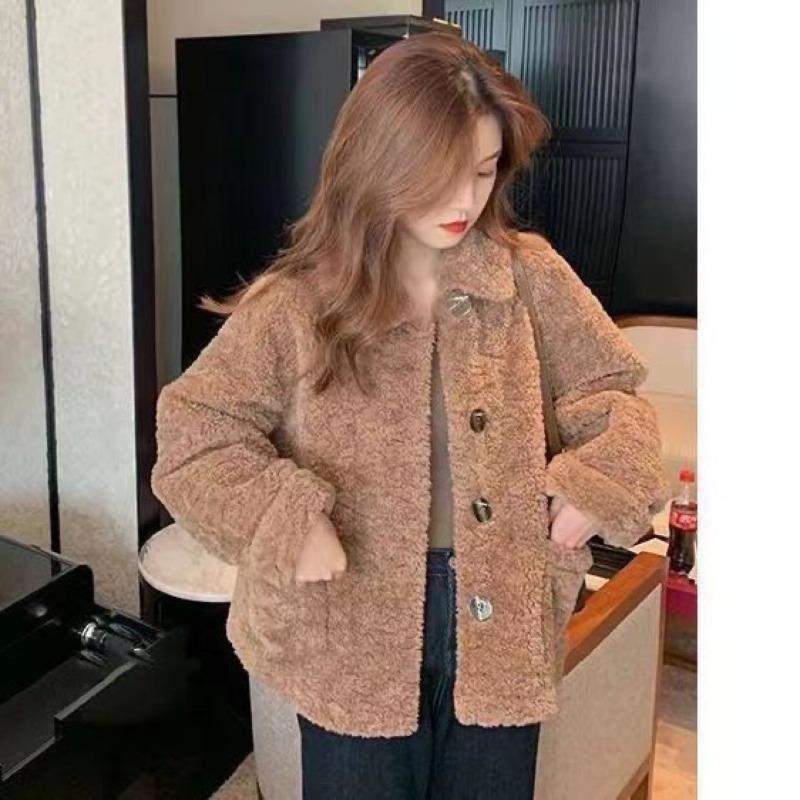Imitation lamb wool coat women's autumn and winter new loose and thin small thickened short top student