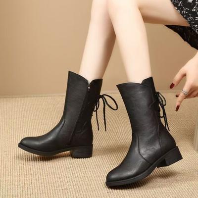 Mittelhohe Stiefel Damen Winter neue Lederstiefel dicker Absatz Mutter mittlerer Absatz Martin-Stiefel Mode vielseitige Stiefel