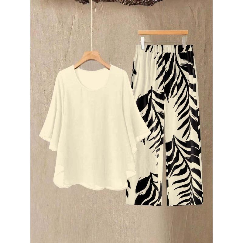 Damen Sommer Chiffon Kurzarm Zweiteiler Set in Übergröße – Elegantes Lockeres Oberteil und Hosen Outfit