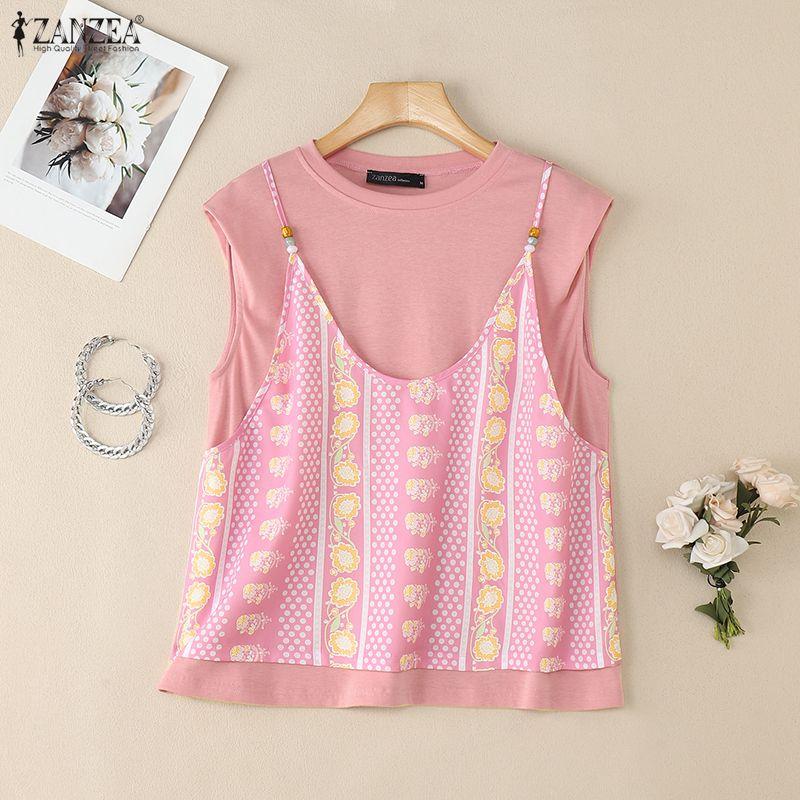 ZANZEA Women Casual Round Neck Patchwork Loose Short Sleeve T-Shirts