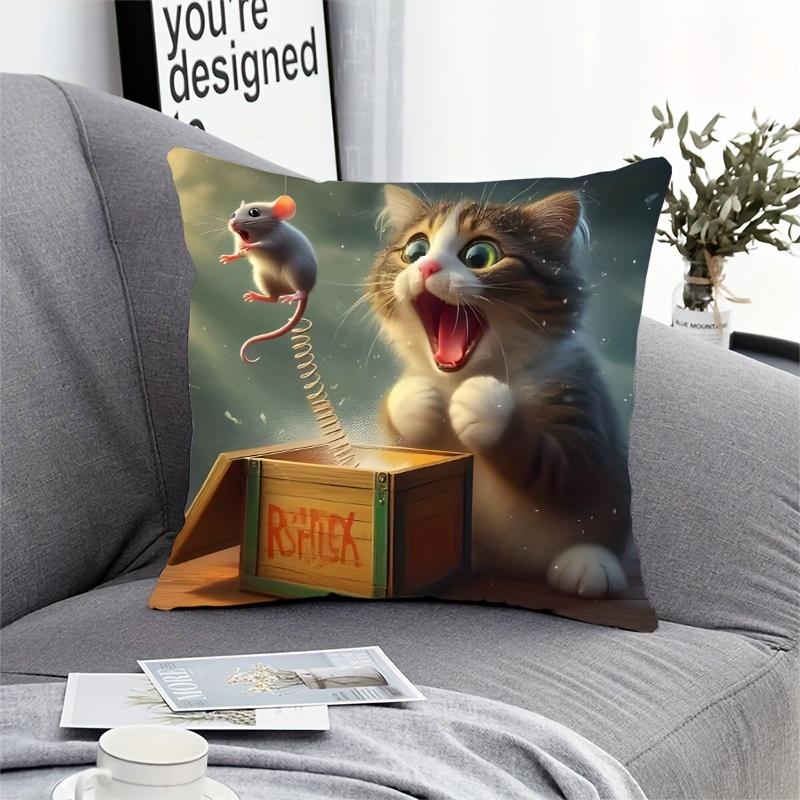 1 Stück Kissenbezug mit Traumkatze und Maus, Mittelalterliches Modernes Lustiges Cartoon-Design, Reißverschluss, Polyester Dekorative Kissenhülle Für Li