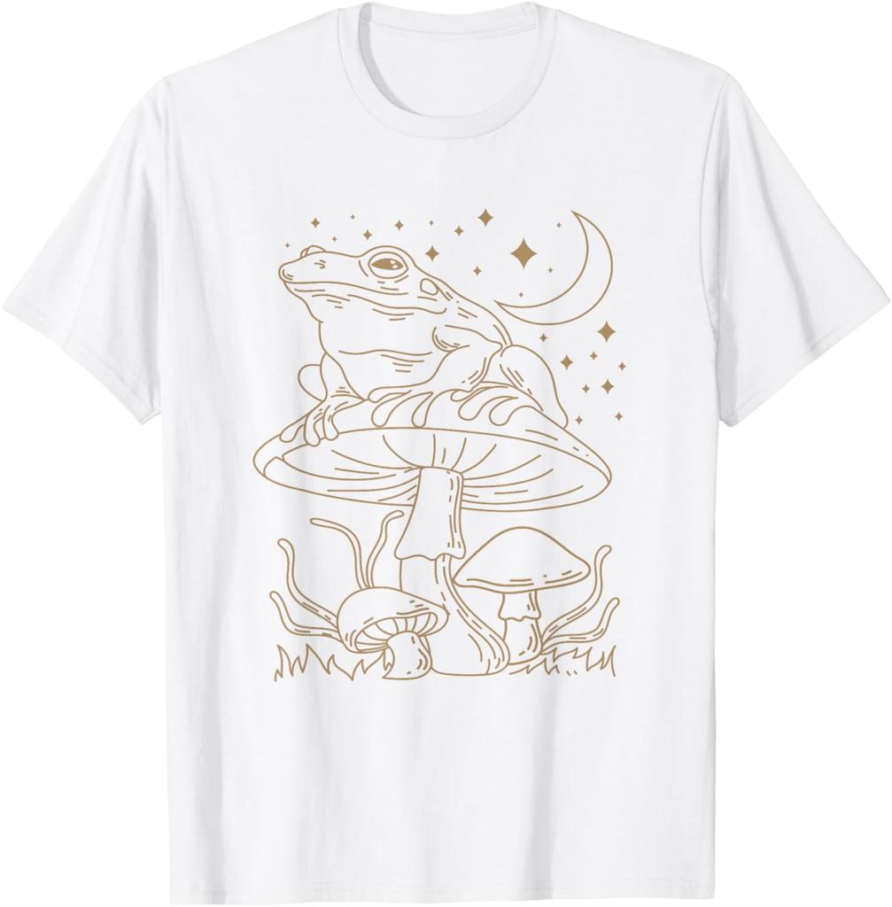Celestial Frog On Mushroom Graphic Tee Cottagecore Aesthetic Casual T-Shirt