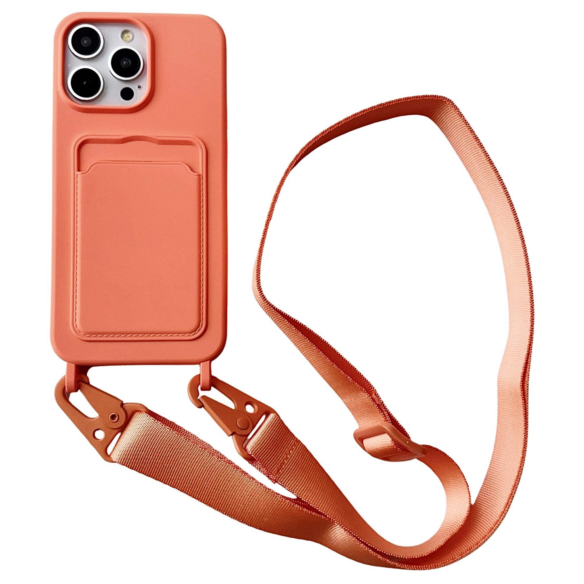 

For iPhone 16 Pro Max Case Liquid Silicone Card Slot Soft Phone Cover with Lanyard Strap Orange