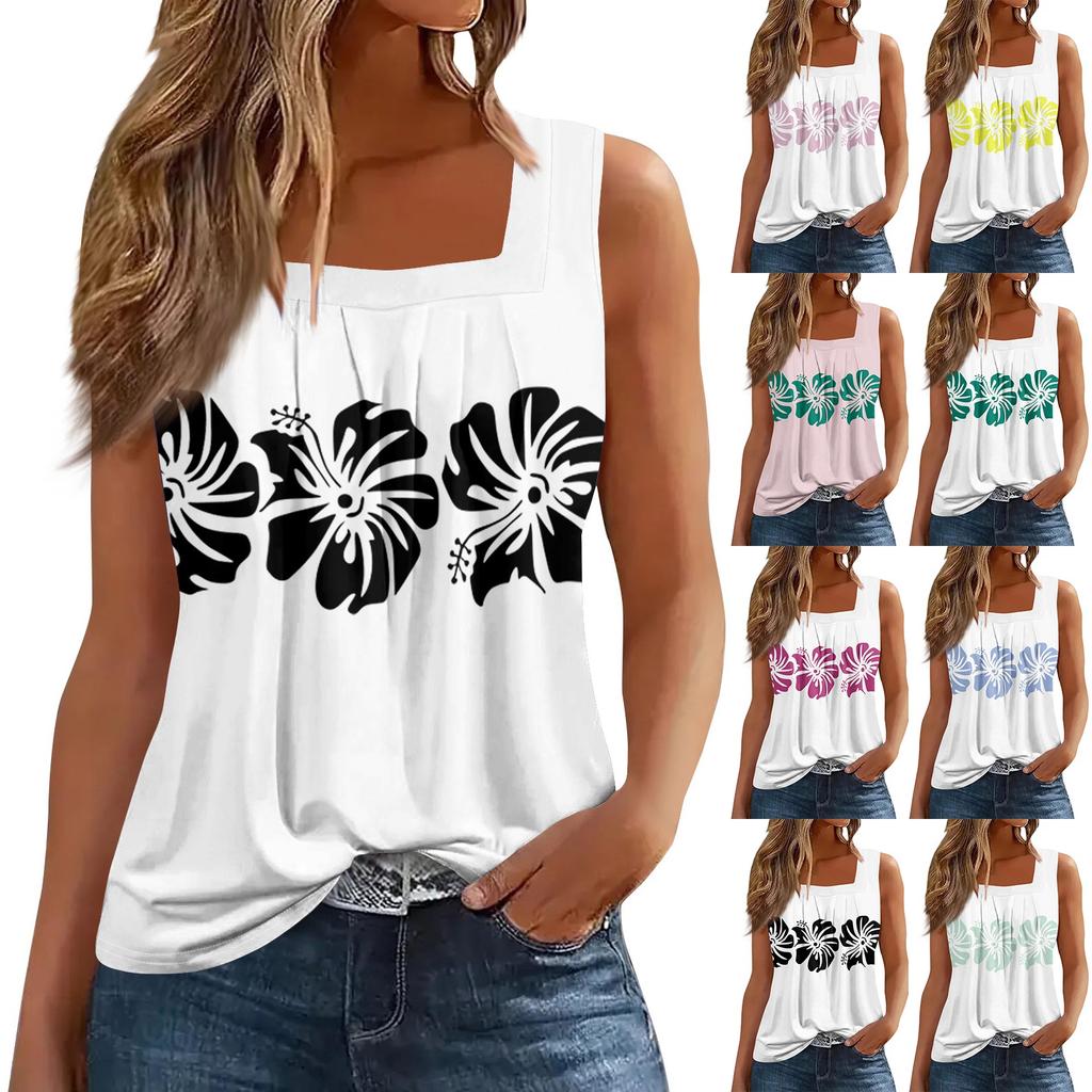 Women's Pleated Square Collar Sleeveless Vest Print T-shirt