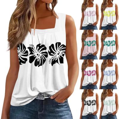 Women's Pleated Square Collar Sleeveless Vest Print T-shirt