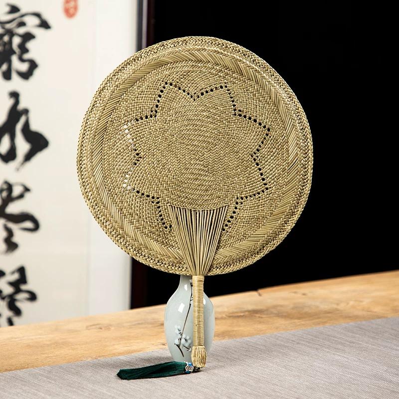 Handmade Straw Fan, Natural Cattail Grass Woven Round Fan, Hanfu Chinese Style Traditional Round Fan, Summer Cooling Cattail Fan