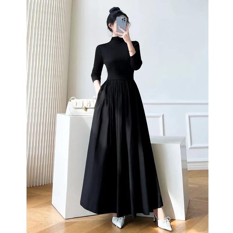 French Style Black A-Line Dresses Women Elegant High Waist Long Sleeve Midi Dress Autumn Winter Slim Fit Maxi Dress