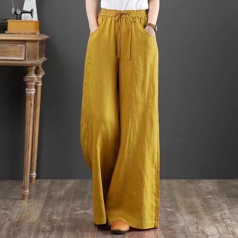 Plus Size Women Cotton Linen Vintage Elastic Waist Pants Loose Casual Wide Leg Trousers Culottes Flare Long Pants