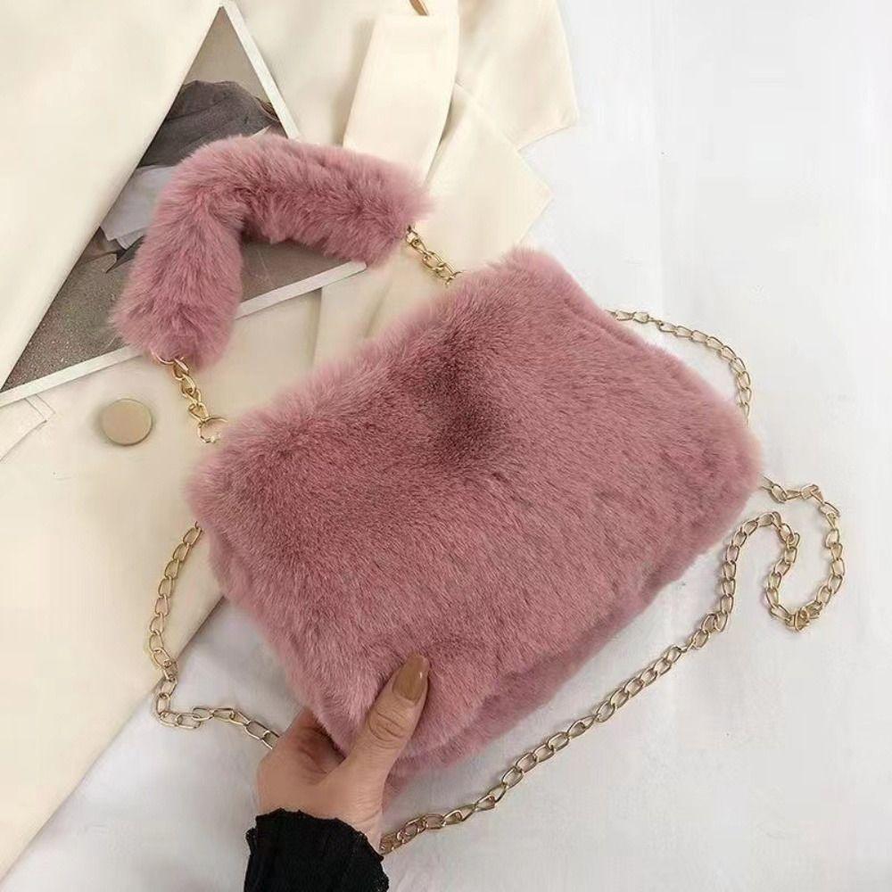 Fashion Soft Fluffy Shoulder Bags Chain Strap Handle Handle Bag Solid Color Messenger Bag Women Accessories