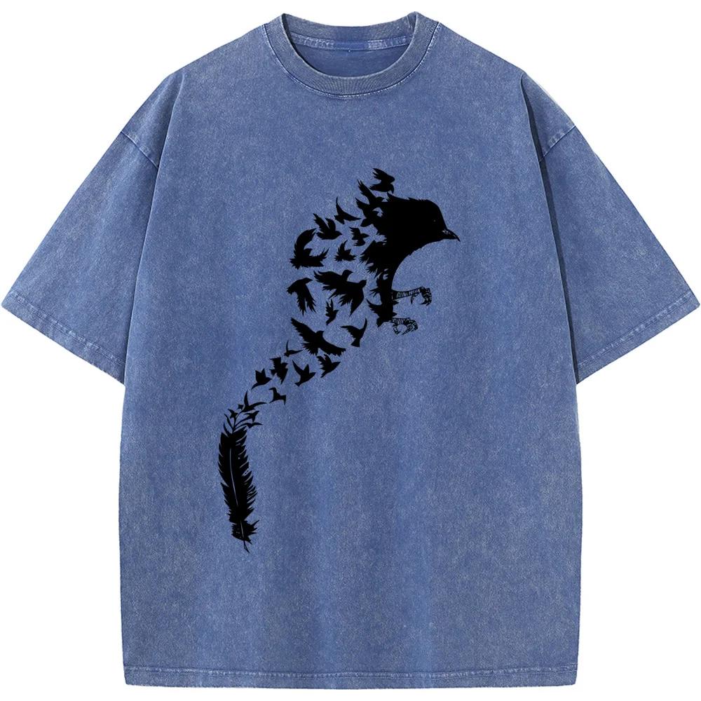 Feather Bird Men's Short-Sleeved T-shirt Washed Old High Quality T-shirt Student Top T-shirts