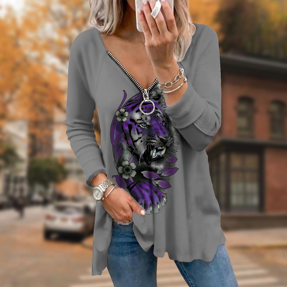 Женские футболки с длинным рукавом и принтом «Осенний цветок-тигр» — фото 4