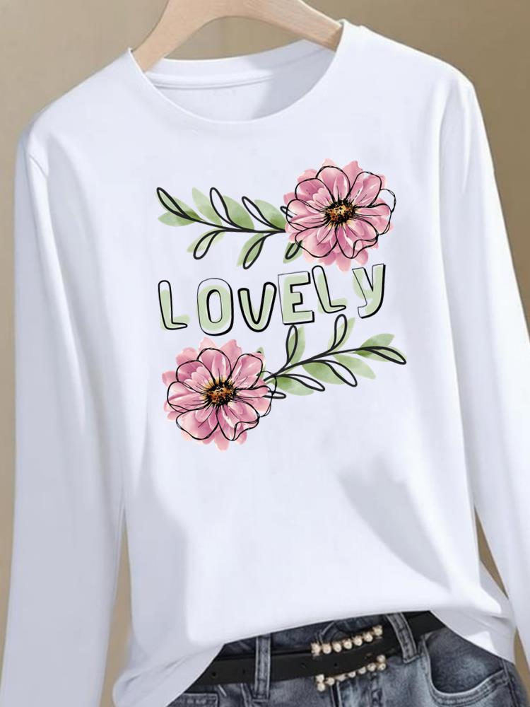 (Asian Size) flower style trend Clothing Women Graphic Tee o-neck Print T Shirt Casual autumn winter spring Fashion Top Long Sleeve T-shirts