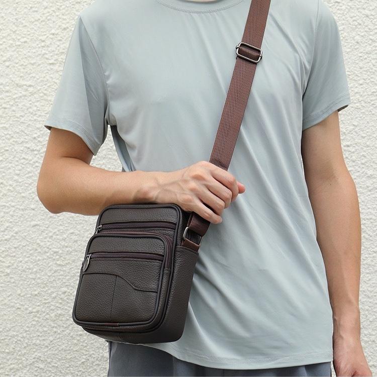 Retro pánská crossbody taška z pravé kůže, Malá taška přes rameno s více zipy na telefon, peněženku, pro každodenní cestování