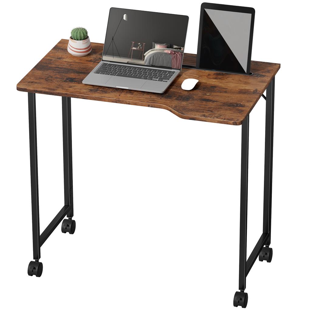 Folding Computer Desk on Wheels, 80 x 52 cm, Device Slot, Brown