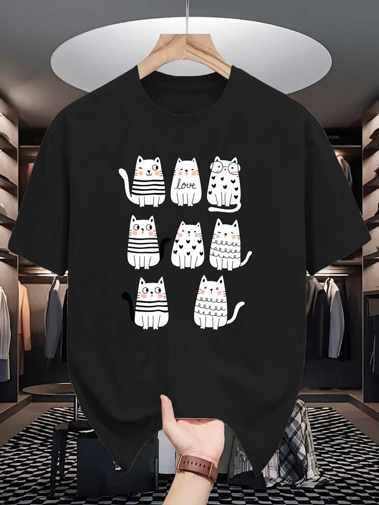 Unisex Crew Neck Tee Cute Doodle Cats Cartoon Art Graphic Print Soft Cotton Loose Short Sleeve Summer Casual Male Streetwear Tops