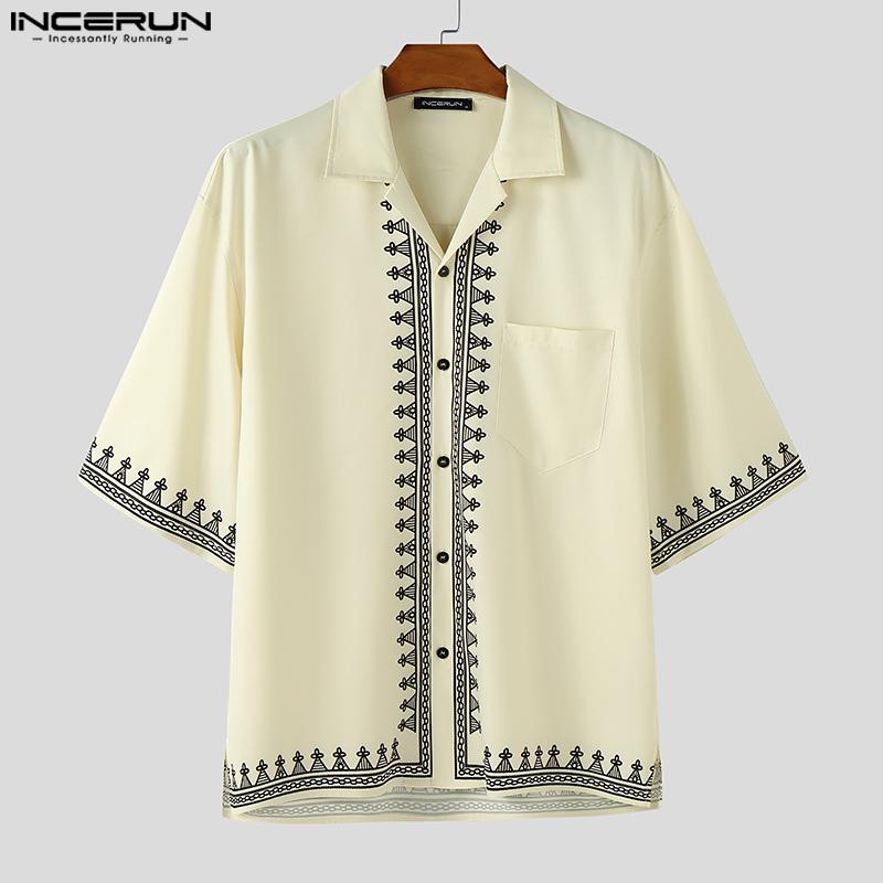 INCERUN Men Oversized Lapel Neck Half Sleeve Print Casual Loose Shirts Tops