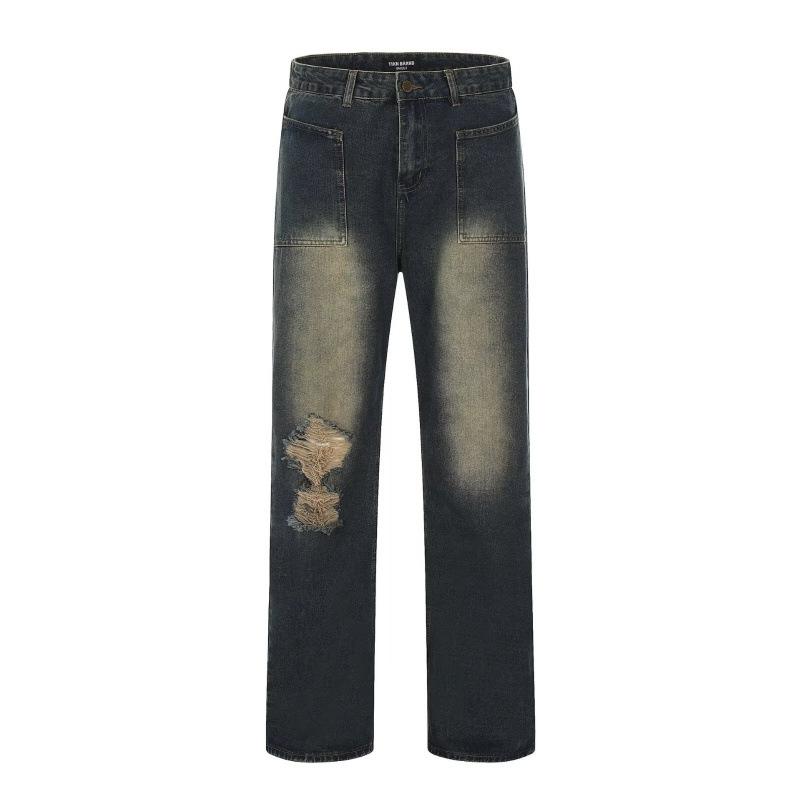JYL Unisex Straight Jeans American Vibe Ripped Trendy High-Street Vintage Denim S бездна