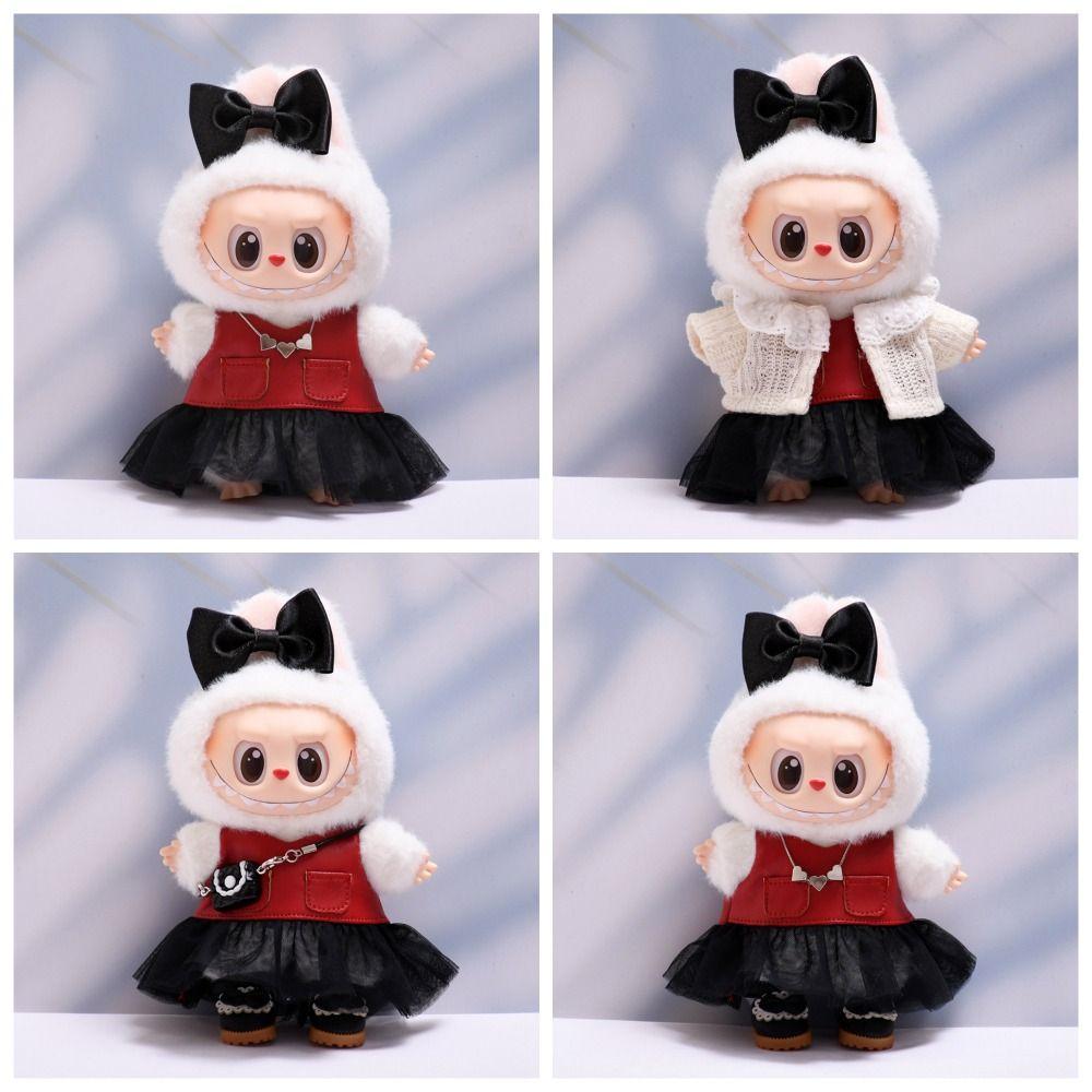 Red Leather Jacket Sitting Labubu Time Cloth 17cm Plush Dolls Clothes  Cotton Doll Accessories