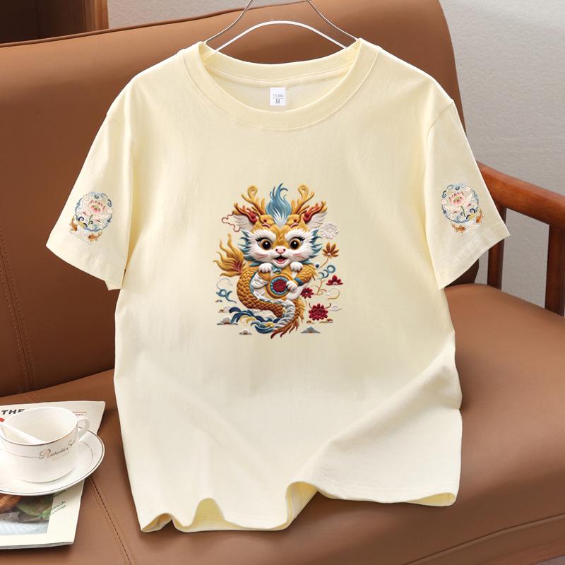 New Chinese Style Unisex Cotton Short Sleeve T-shirt with Auspicious Print