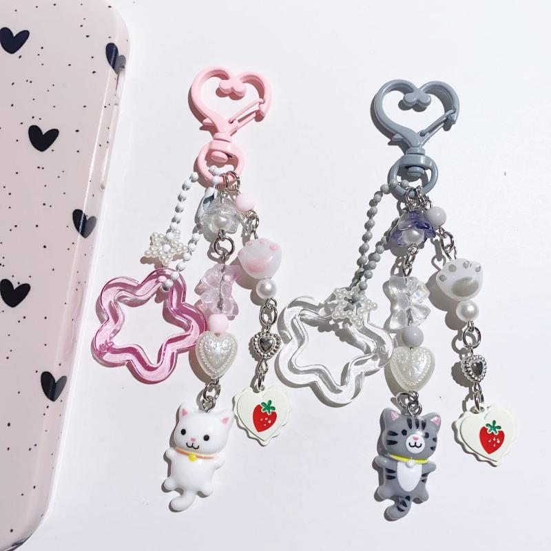 Y2K Creative Personality Kitten Keychain Cute Cartoon Cat Keyring Phone Lanyard Ins Style Girly Key Holder Camera Pendant